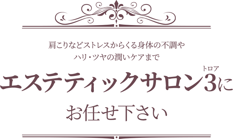 肩こり・首こり解消、ストレスケア、小顔になりたい、ハリが欲しい、たるみケア、バストを整えたい、エステティックサロン3（トロア)にお任せ下さい